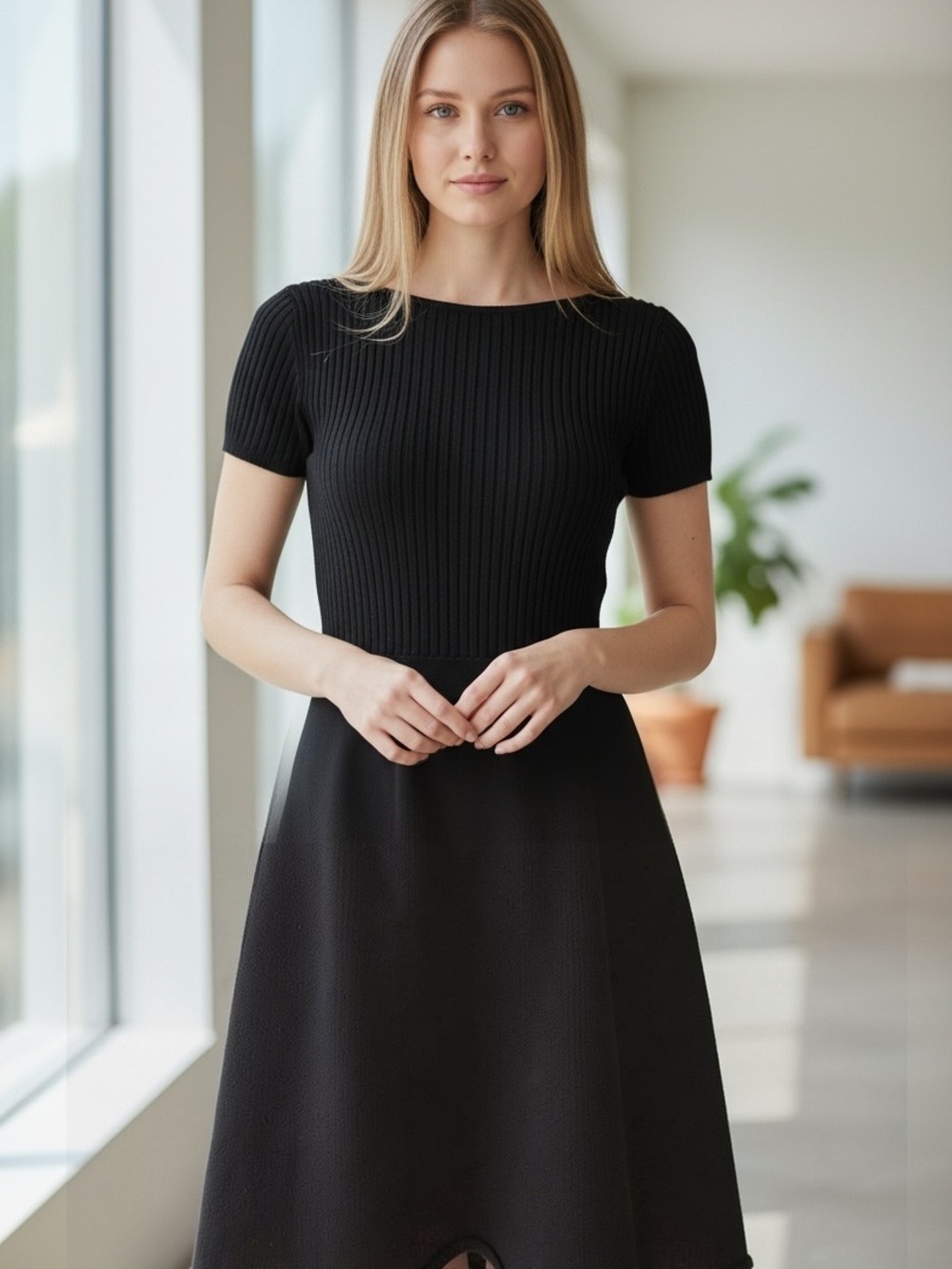 Miu Miu Black Short-Sleeve cotton Ribbed Knit Midi Dress